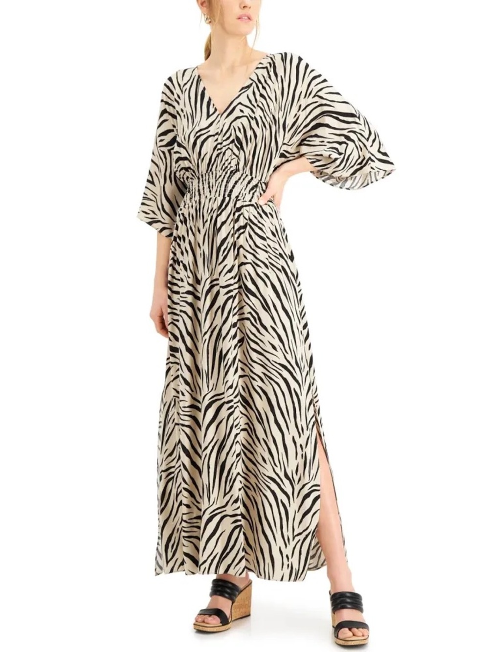 INC International Concepts Zebra-Print V-Neck Maxi Dress in Black and Cream